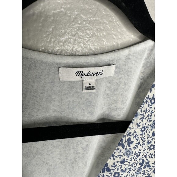 Madewell Shirt Womens Large Floral V Neck Peplum Short Sleeve Casual Blue White - Picture 3 of 5
